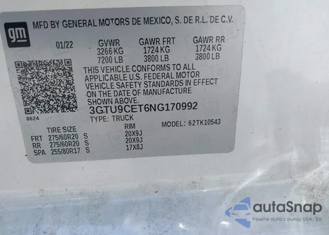 2022 GMC Sierra 1500 Limited 4Wd Short Box Elevation z USA, uszkodzony, nr VIN 3GTU9CET6NG170992